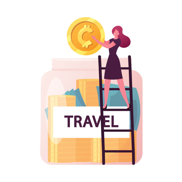 小女人站在梯子上，把巨大的金币放进玻璃罐里，用于未来的旅行。女人为暑假或假期存钱业余时间，旅行预算。卡通矢量图图片下载