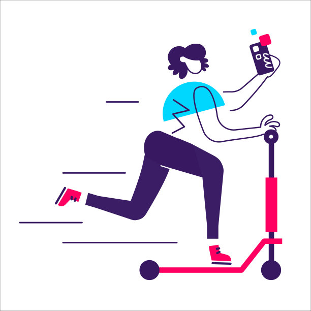 矢量插图的快乐少女骑在踏板车。年轻女子用手机在白色背景上自拍。图片下载