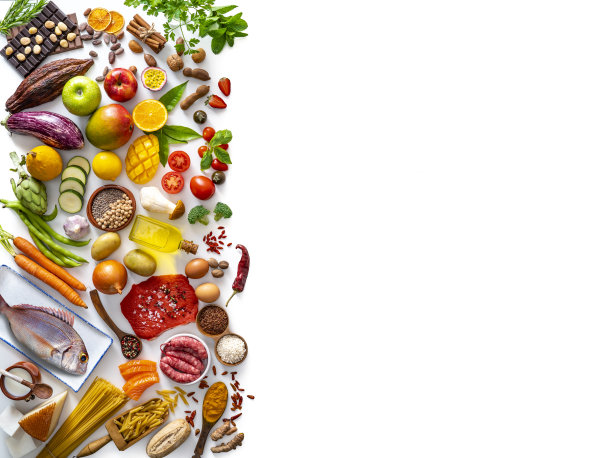 各种食物，碳水化合物，蛋白质，蔬菜，水果，乳制品，豆类，白色图片下载