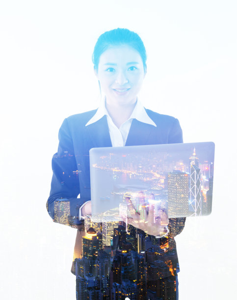 多次曝光女商人拿着笔记本电脑图片下载