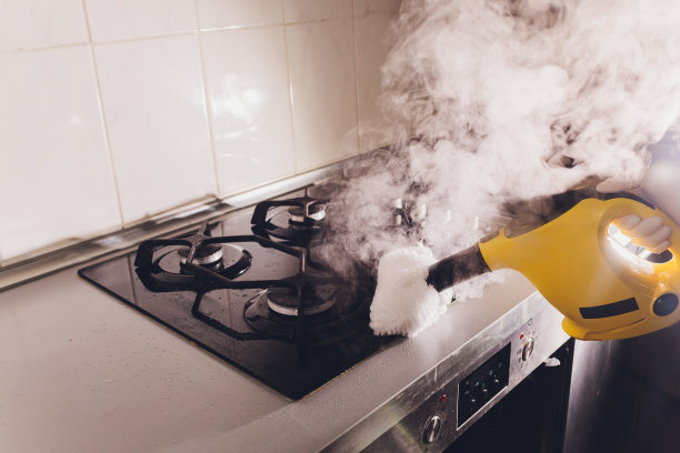 蒸汽清洗烤箱房清洁手特写。图片下载