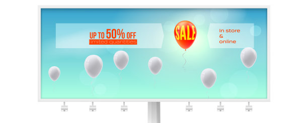 广告销售行动。广告牌上的气球在蓝天中飞翔。5折优惠。经营理念的销售和折扣行动。图片下载