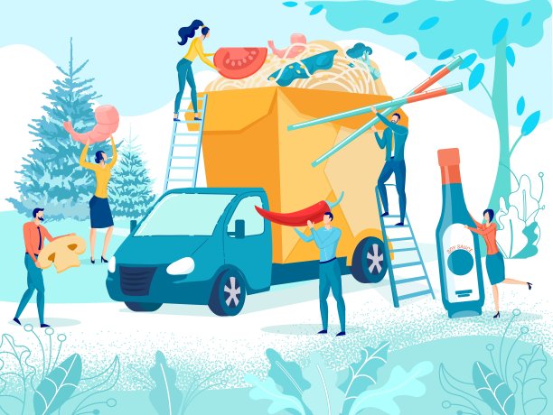 装着纸盒的卡车，做面条的小个子。图片下载