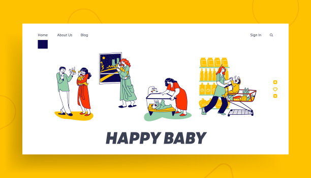 父母安抚哭闹的新生儿着陆页模板。婴儿痉挛疼痛，妈妈和孩子在超市购物车里，孩子在游戏围栏里。线性矢量人物插画图片下载