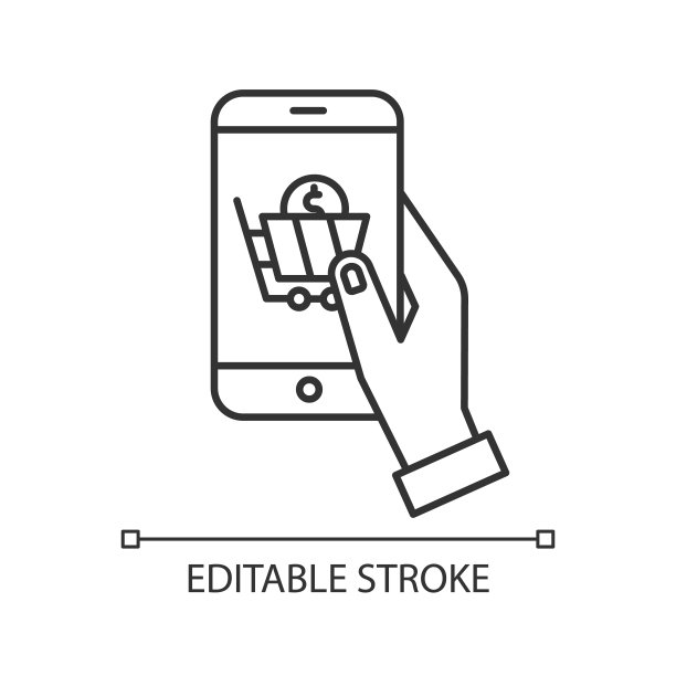 网上商店线性图标。手拿着智能手机。网上购物，电子商务。数字技术。细线说明。轮廓的象征。矢量孤立轮廓绘制。可编辑的中风图片下载