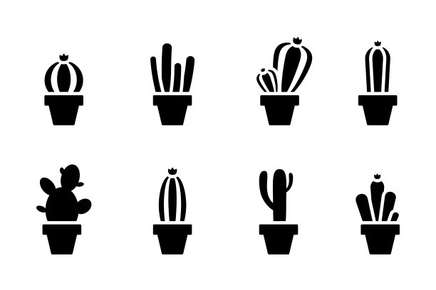 仙人掌黑白裁剪矢量插图集。表家花剪影图标标志符号象形图上的白色图片下载