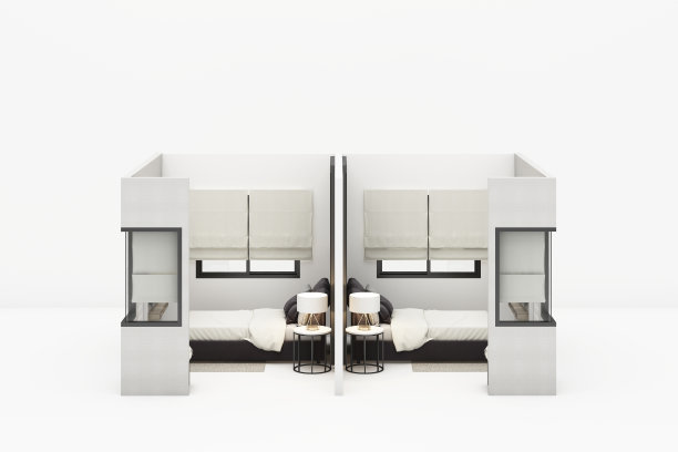 室内卧室现代古典风格模拟与白色家具在白色背景3D渲染图片下载