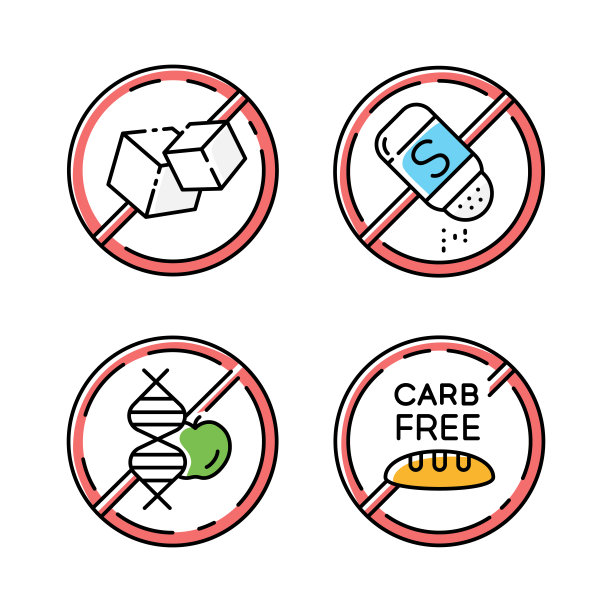 产品免费成分颜色图标集。不含糖、盐、转基因、碳水化合物。有机食品，健康饮食。不含过敏原和甜味剂的饮食。平衡膳食。孤立的矢量插图图片下载