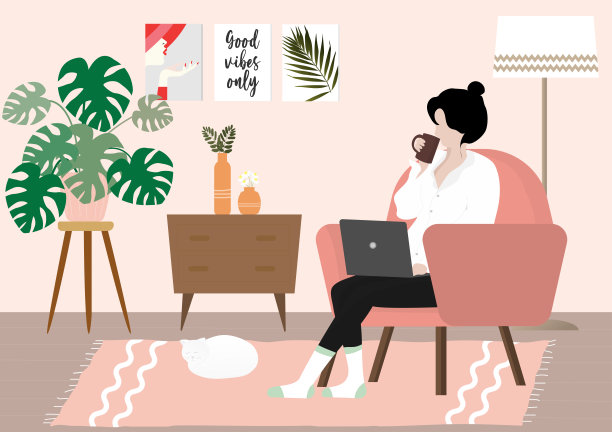 一个矢量设计的女人是在家里工作，拉链一杯咖啡与猫在客厅图片下载