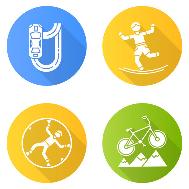 极限运动平面设计长阴影字形图标集。汽车赛车。太空,globe-riding。走扁带、平衡训练。山地自行车，越野自行车。向量轮廓图图片下载