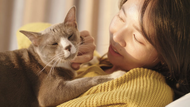 一个年轻女子在卧室白色的床上玩她的宠物猫。图片下载