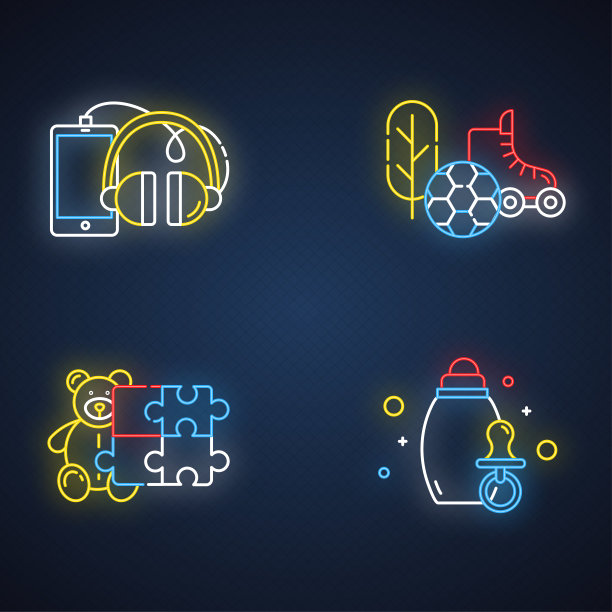 电子商务部门设置霓虹灯图标。网上购物类别。玩具、爱好。婴儿产品。手机和配件。运动和户外活动。发光的迹象。向量孤立的插图图片下载