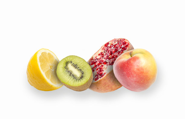 柠檬，石榴，猕猴桃，白色背景上的苹果。图片下载