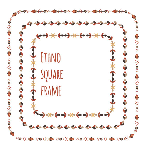 一套方形的扁部落框架从树枝，花和浆果。天然草药边界。花卉民俗载体模板图片下载