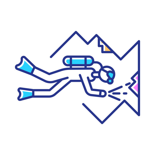 洞穴潜水颜色图标。水上运动，极限运动。探索海底自然和野生动物。暑假活动和爱好。水下世界。孤立的矢量图图片下载