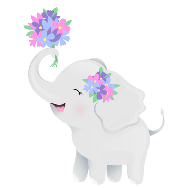 可爱的小象手里拿着一束花。图片下载