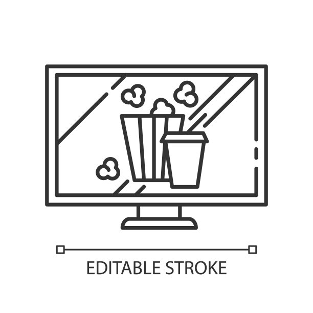 电影和电视线性图标。看电影,电视。爆米花、饮料。电子商务部门类别。细线说明。轮廓的象征。矢量孤立轮廓绘制。可编辑的中风图片下载