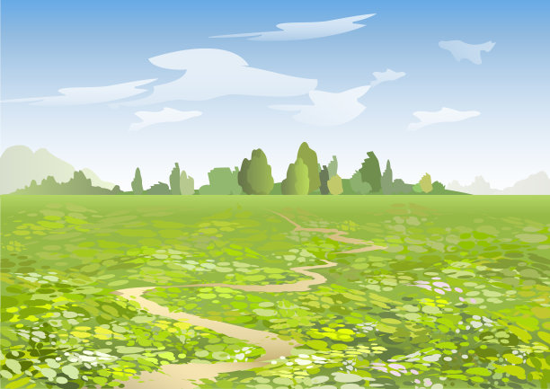 卡通夏季景观与花圃和小路。素材图片