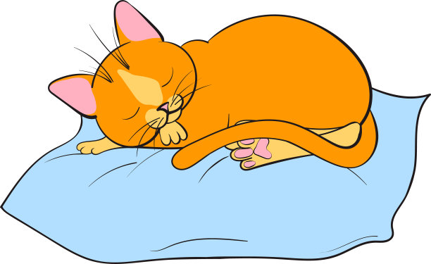 卡通姜黄色的猫睡在一个蓝色的枕头上图片下载