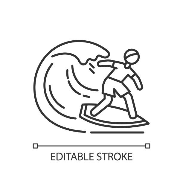 冲浪线性图标。细线说明。水上运动，极限运动。捕捉海浪，冲浪者在船上保持平衡。轮廓的象征。矢量孤立轮廓绘制。可编辑的中风图片下载