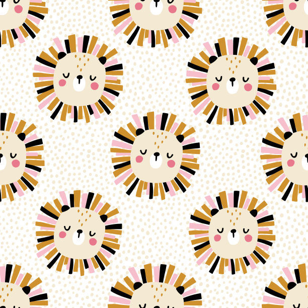 有圆点花纹的狮子。无缝图案与可爱的动物的脸。儿童印花托儿所在斯堪的纳维亚风格。用于婴儿服装、内饰、包装。矢量卡通插图在柔和的颜色图片下载