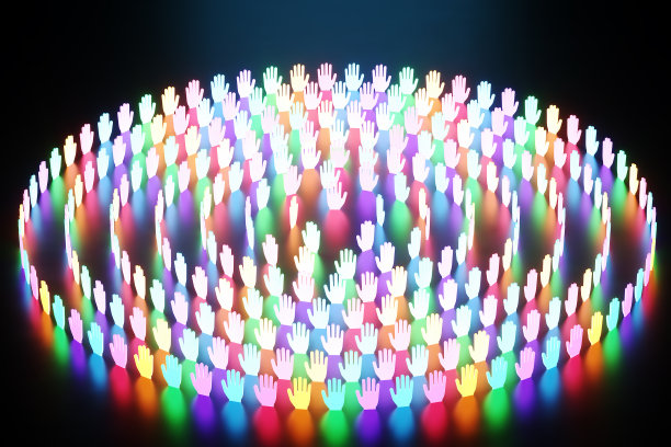 包含，许多多色图标的手在黑暗的背景，社会，霓虹灯。团队建设，文化多样性，抗议，革命，群居本能。3D渲染，3D插图，复制空间。图片下载