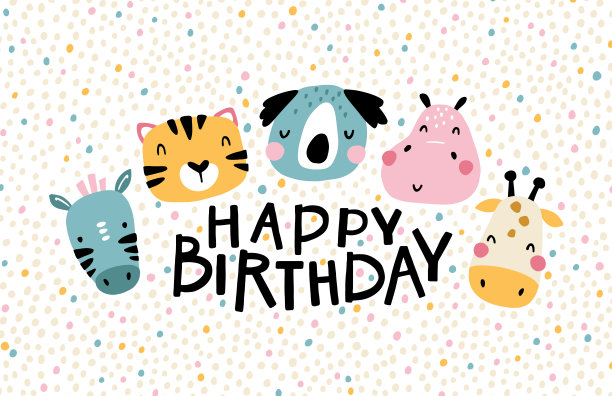 热带非洲特色。生日快乐。可爱的动物的脸与字母。孩子气的贺卡为幼儿园在斯堪的纳维亚风格。为聚会。矢量卡通插图在柔和的颜色图片下载