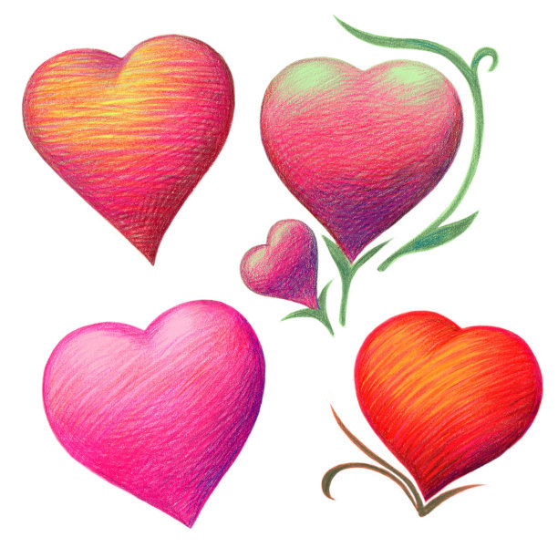 一组粉色的心和绿色的树枝。用蜡笔手绘。素材图片