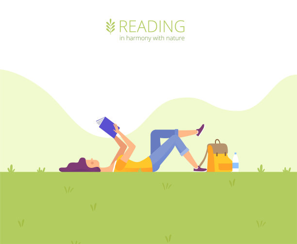 网页设计模板。女孩在公园的草坪上看书。读书与自然和谐相处。图片下载