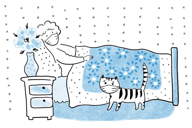 病床上戴口罩的老病婆和猫、健康观念、老年观念、手工水彩画、自我隔离和隔离新冠病毒19图片下载