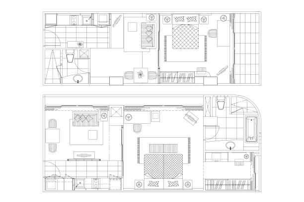 卧室，厨房，浴室，餐厅和客厅的集合家具元素的俯视图轮廓符号。室内图标床，椅子，桌子和沙发。图片下载