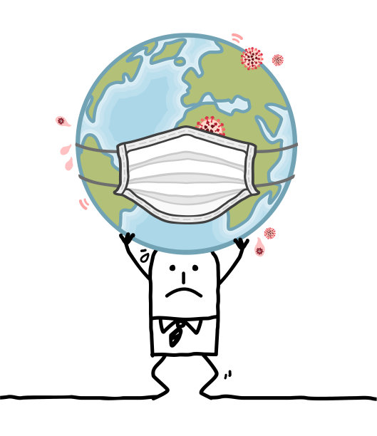 卡通人物带着医用面具，带着生病的地球图片下载