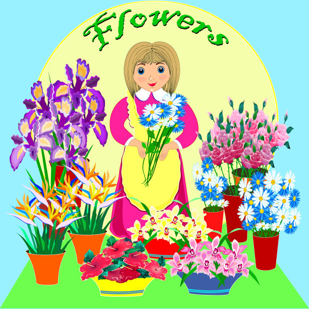 平画的亭与花。小生意。用鲜花窗口。花卖. .向量图片下载