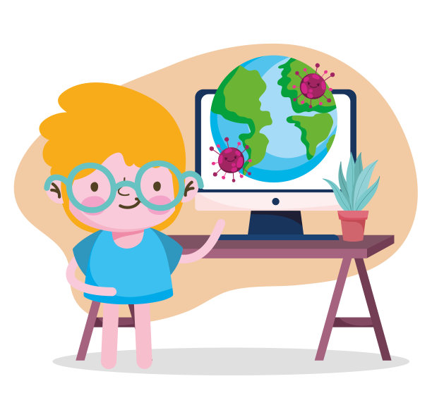 教育在线，学生男孩电脑世界流行冠状病毒图片下载