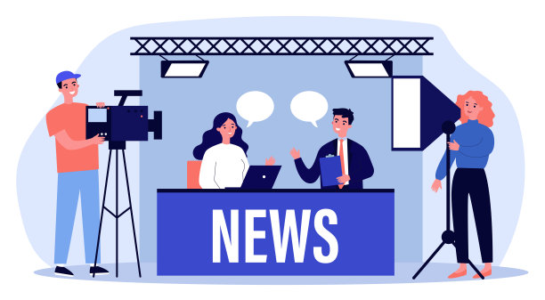 人们在电视演播室制作新闻平面矢量插图图片下载