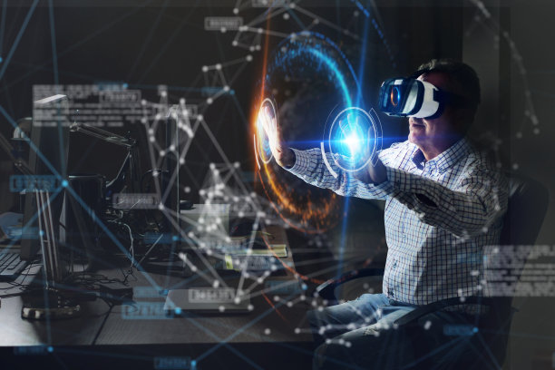 一个商人的肖像使用oculus和有一个未来之旅与全息图片下载