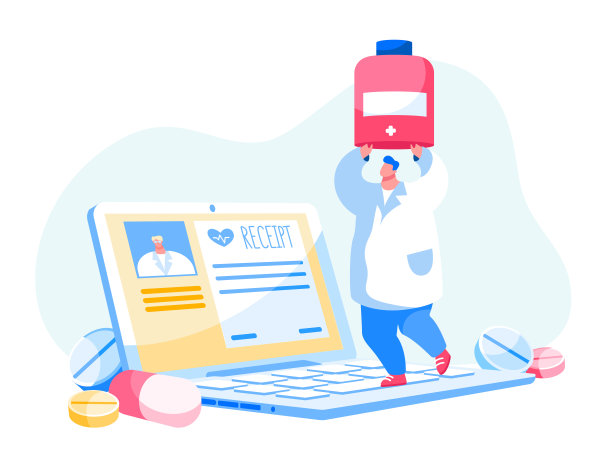 在线医学服务。医生角色在Labcoat拿着药瓶与分散的药物片在巨大的笔记本电脑与数字收据。遥远的疾病治疗。卡通矢量图图片下载
