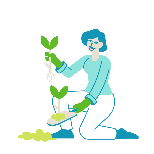 年轻女性园丁或花商在植物园或家庭后院阳台橘子园种植花或蔬菜。女性喜欢植物，园艺爱好。线性向量插图图片下载