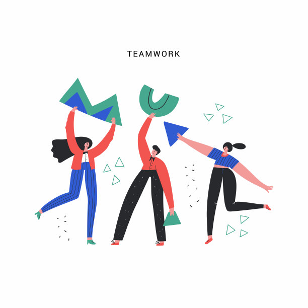 业务团队，工作和援助矢量插图。有几何形状的人在涂鸦。团队合作、伙伴关系、合作理念。同事们将角色置于白色背景上图片下载