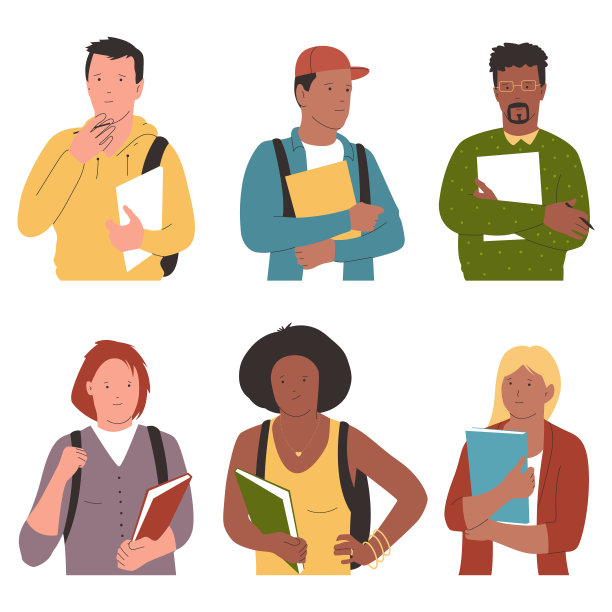 学生与书向量卡通人物设置孤立的白色背景。图片下载