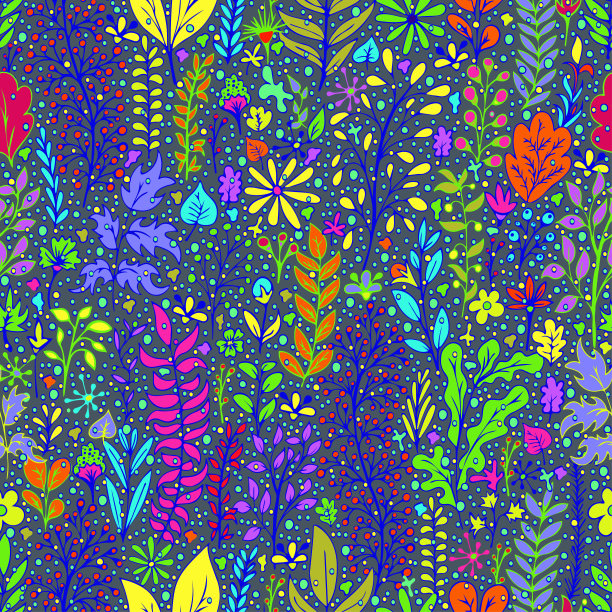 色彩鲜艳的花卉无缝图案，涂鸦鲜艳的霓虹花朵，自然的背景，手绘。深色背景下的多色植物枝条、芽、花瓣和叶子。矢量图图片下载