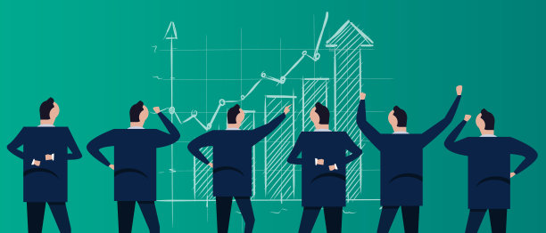 图表上升箭头表示利润上升，股市、企业经济、销售和市场增长良好。公司公司里的一群商人、同事、员工站着看。图片下载