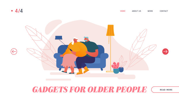 年长人员和智能设备着陆页面模板。老夫妻坐在沙发上自拍。老年男女用现代手机拍照。卡通矢量图图片下载