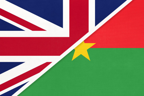 英国对布吉纳法索国旗纺织品。两个欧洲和非洲国家之间的关系。图片下载