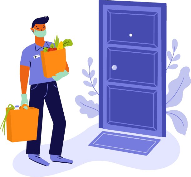 年轻人、快递员或志愿者戴着医用口罩和医用手套从超市将食品杂货送到家门口，以防止冠状病毒的传播。图片下载