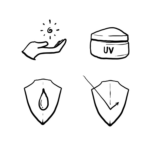 手绘皮肤护理线图标孤立的背景。向量防晒套装，医用霜元素，保护皮肤。涂鸦图片下载