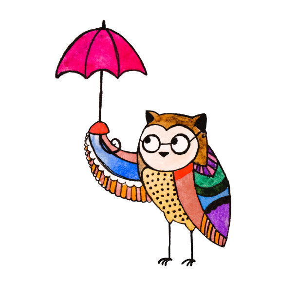 戴着眼镜的五颜六色的小猫头鹰，撑着一把粉红色的伞。独立水彩画，手绘插图图片下载
