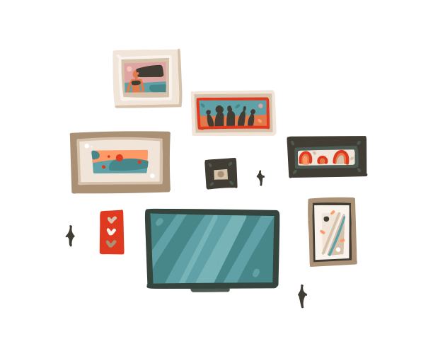 手绘矢量抽象卡通现代图形画框图片集合集和电视在墙上插图艺术孤立在白色的背景图片下载