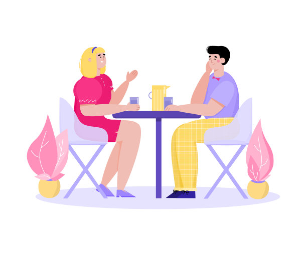 卡通夫妇在咖啡馆里坐在桌子旁喝酒聊天图片下载