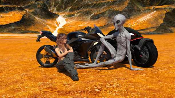 年轻女子坐在一辆摩托车旁边，旁边还有个外星人图片下载